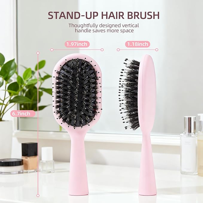 Boar Bristles Hair Brush for Women and Men, Detangling Hair Brush for Smoothing Massage Add Shine, Nylon&Boar Bristles Detangler brush for Hair Healthy (Medium-Pink)
