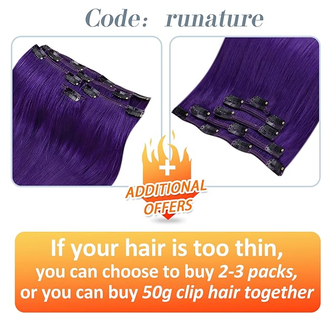 RUNATURE Purple Clip in Hair Extensions Human Hair 18 Inch 70g Full Head Colored Purple Hair Extensions Clip Ins for Women Real Remy Hair Double Weft Fashion Color