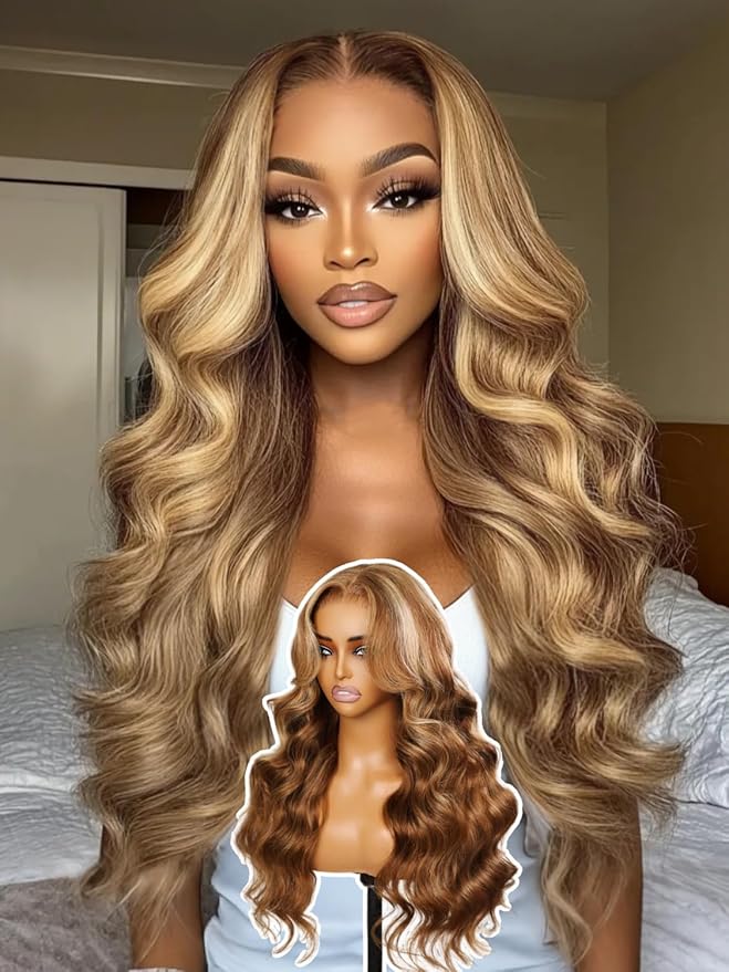 YIROO Pre Everything Wig Honey Blonde 13X4 Pre Cut Lace Front Glueless Human Hair Wigs Body Wave Brown Blonde Highlight Ombre Pre Bleached Invisible Bye Bye Knots Wig Pre Plucked 150% Density 18Inch