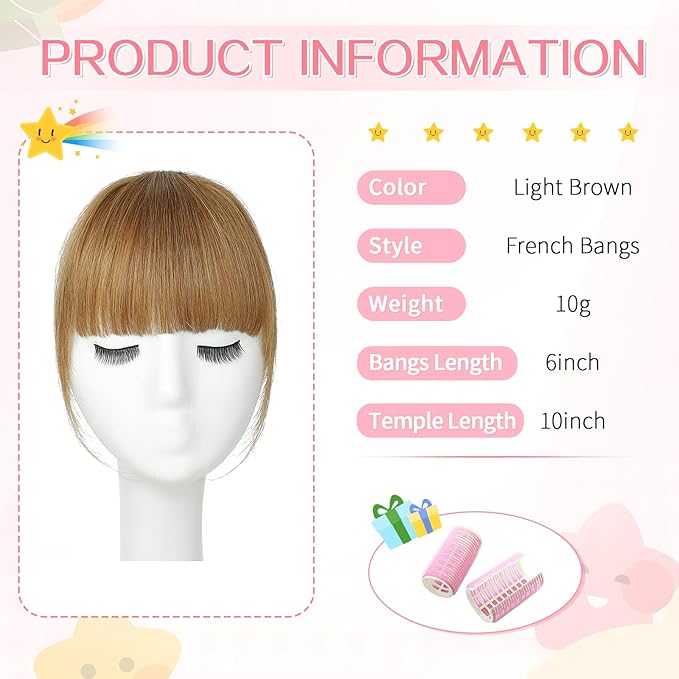 Clip in Bangs 100% Real Human Hair, French Bangs Hair Clip, Fake Bang Fringe with Temples Hairpieces for Women Daily Wear (Light Brown, French Bangs)