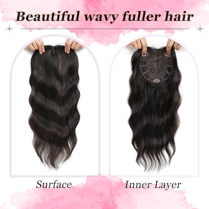 Hair Topper, 360° 3D Hair Toppers for Women with Thinning Crown, 20 Inch Long Wavy Curly Hair Pieces Clip in Bangs (Dark Brown Mixed Chestnut, 20 inch, Side Bangs)