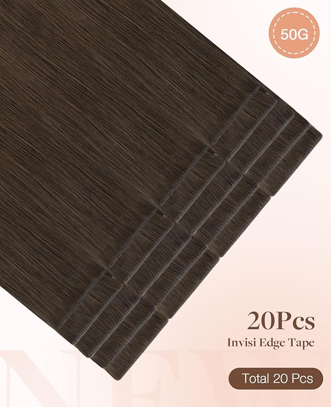 GOO GOO Invisi Edge Tape in Hair Extensions Human Hair, 2A Light Brown, 20pcs 14inch 50g, Virgin Remy Hair, Seamless Injected Tape, Natural Look