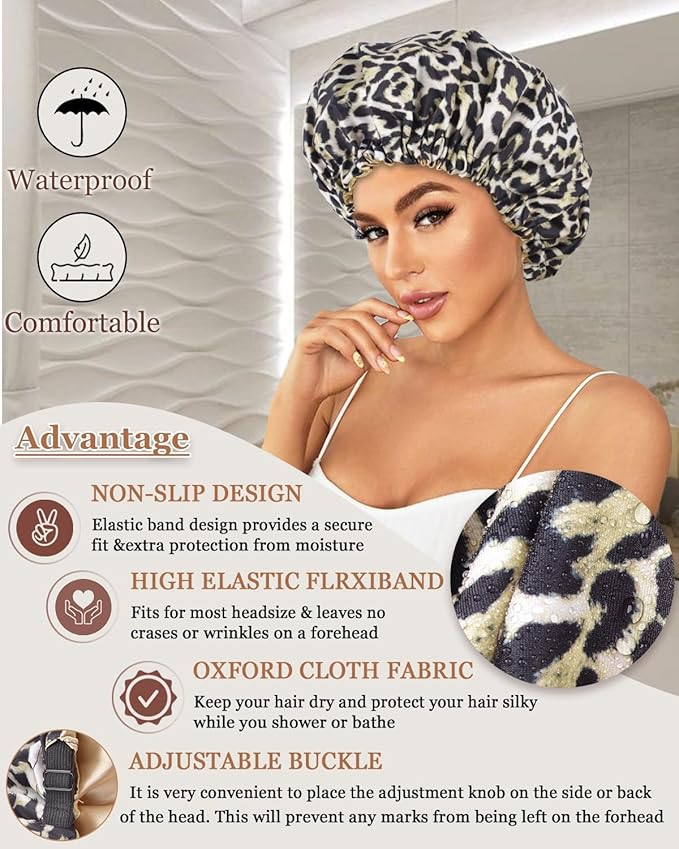 Large Shower Caps for Women Reusable Waterproof Satin Lined Shower Cap with Adjustable Band Double Layer Design Luxury Washable Bath Hair Bonnet (Black Leopard)