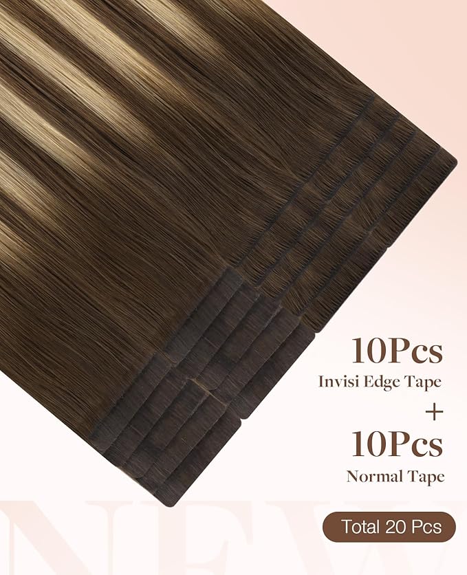 GOO GOO Invisi Edge Tape in Hair Extensions Human Hair, 4/18 Balayage Chocolate Brown Highlighted Dirty Blonde 10pcs injected with 10pcs classical tape ins, 14inch 50g, Virgin Remy Hair, Natural Look