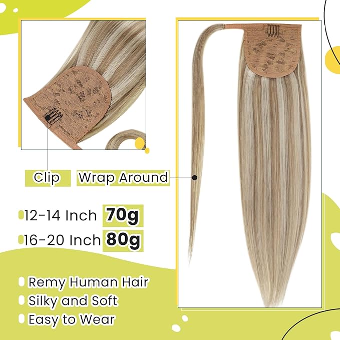 RUNATURE Ponytail Extension Real Human Hair, Short Ponytail Hair Extensions for Women, Soft Remy Natural Hair, Wrap Around Human Hair Ponytail, 12 Inch 70g #8P60 Ash Brown Highlight Platinum Blonde