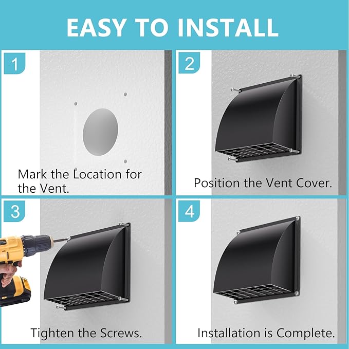 6 Inch Exhaust Vent Cover, HG Power Metal Dryer Vent Cover Outside with Removable Screen & Cushioned Non Return Flap, Air Wall Vent for House, AC, Opening Diameter: 5.7" Black