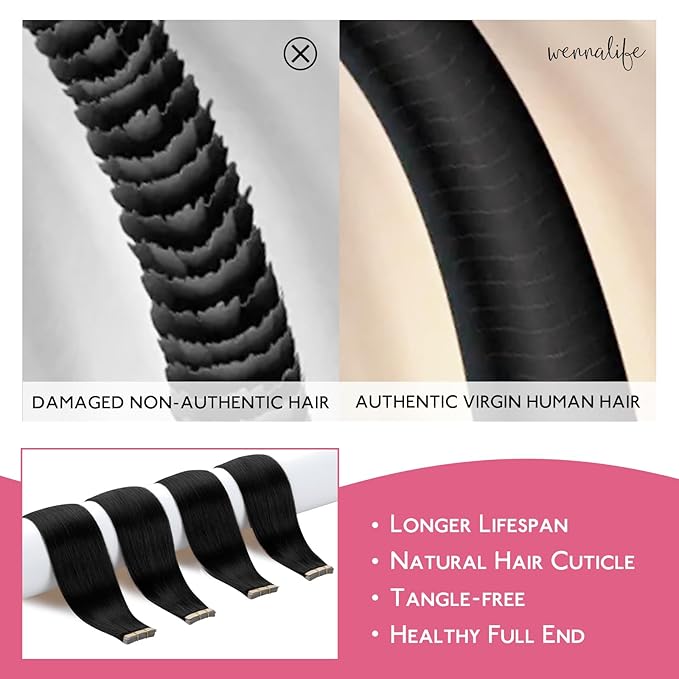 WENNALIFE Tape in Hair Extensions Human Hair Jet Black Tape in Extensions, 10pcs 25g 16 inch Remy Invisible Tape Ins Straight Colored Soft Real Human Hair Tape in Extensions Refill Set Extensions