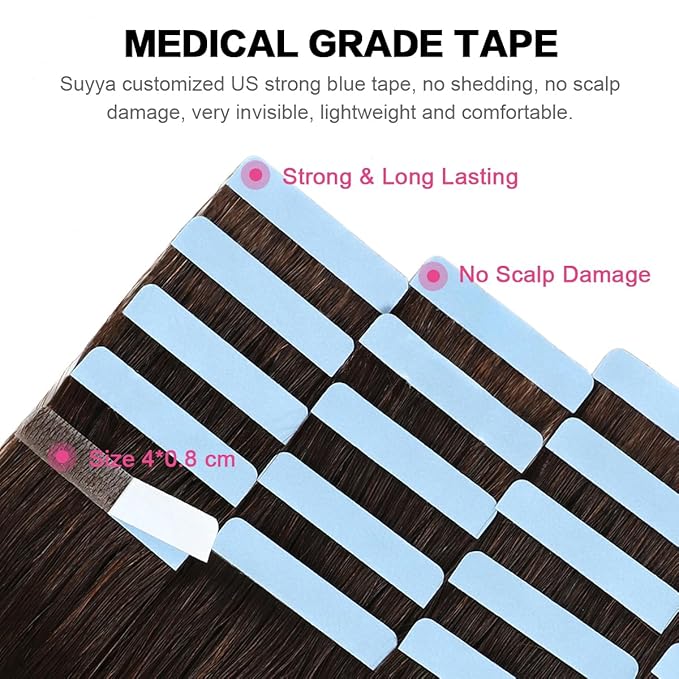 SUYYA Tape in Hair Extensions Human Hair Darkest Brown 26 Inch 60g/pack 20pcs Straight Seamless Skin Weft Tape in Real Human Hair Extensions(26inch #2 Darkest Brown)
