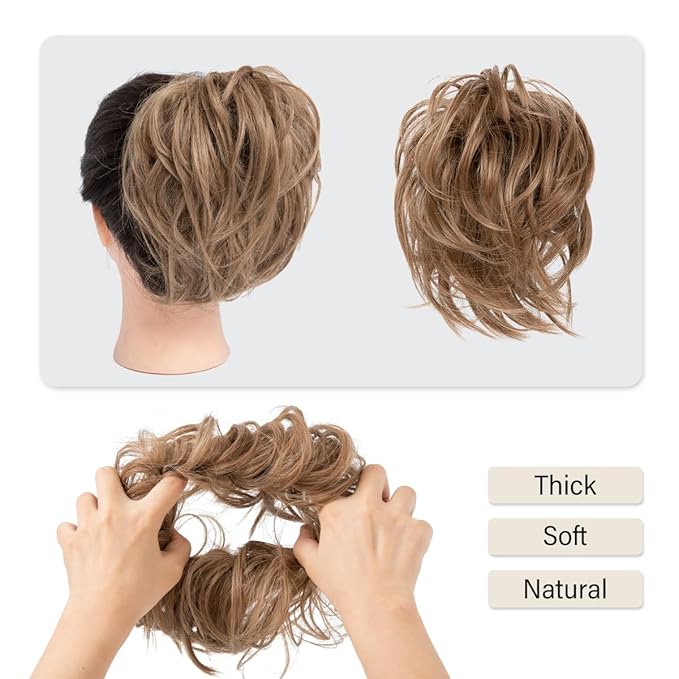 SARLA Messy Hair Bun Hair Pieces Curly Synthetic Updo Fake Scrunchies Ponytail Extension for Women Brunette and Ash Blonde Tips 1PCS