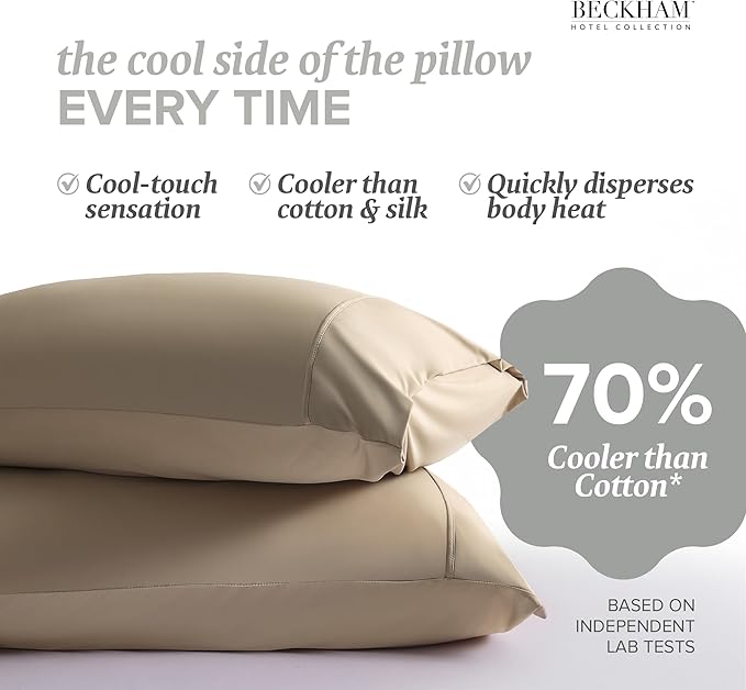 Beckham Hotel Collection Cooling Pillowcases for Hot Sleepers, King Size Set of 2, Cool Bedding, Envelope Closure, Silky Soft, Breathable, Moisture-Wicking, Sand