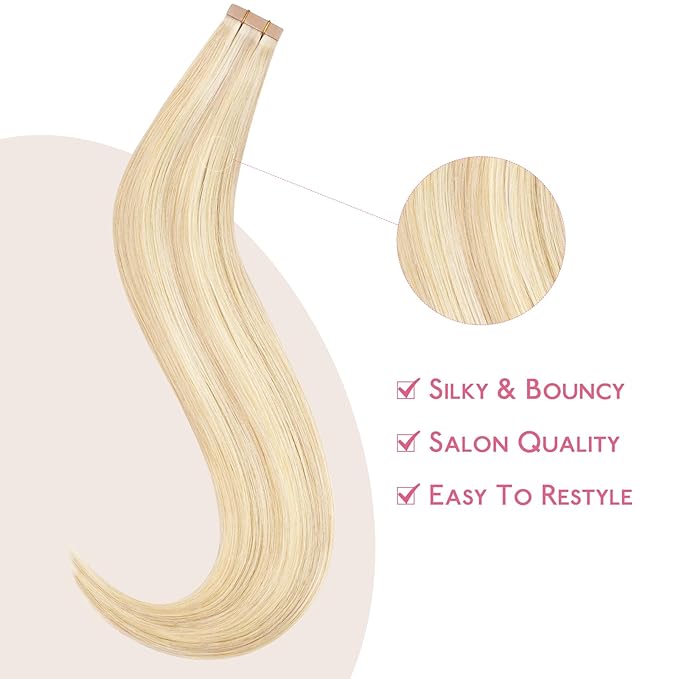 WENNALIFE Tape in Hair Extensions Human Hair Balayage Light Wheat Platinum Blonde Tape in Extensions, 10pcs 20g 10 inch Remy Invisible Tape Ins Straight Colored Soft Real Human Hair Tape in Extensions