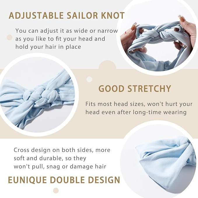 Vercret Headbands for Women Sailor Knot Headband Double Wide Elastic Adjustable Braided Hair Bands Non Slip for Girls Boho Stretchy Turban Headwrap Yoga Workout,Solid Color, 3Pcs