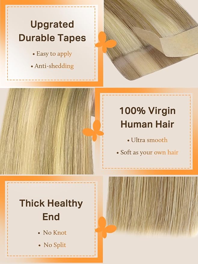 DOORES Tape in Human Hair Extensions, Light Blonde Highlighted Golden Blonde 100g 40pcs 14 Inch, Real Natural Hair Extensions Tape in Remy Hair Extensions Straight