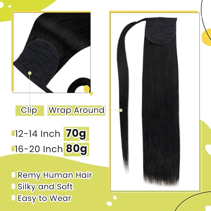 RUNATURE Human Hair Ponytail Extension Black, Real Hair Ponytail Extension With Magic Paste, Remy Natural Ponytail Hair Extensions, Straight Hair Add Volume, 18 Inch 80g #1B Off Black