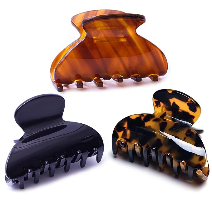 Womens Hair Clips Medium Claw Clips Tortoise Hair Jaw Clips Celluloid Hair Claw Clamps Acetate Hair Clip 3 Pack,Tortoise Shell/Black/Brown