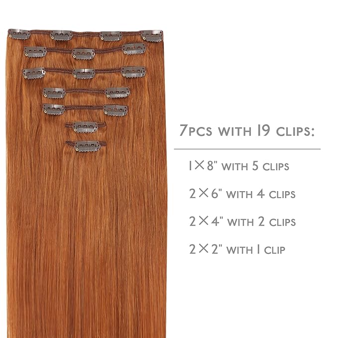 WENNALIFE Real Human Hair Clip in Extensions, 22 Inch 120g 7pcs, Dirty Ginger Remy Hair Clip Ins Double Weft