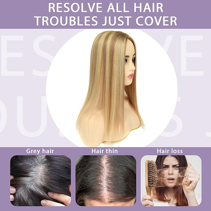 Real Human Hair Toppers for Women #TLQ, 3x5 Inch Injected Silk Base 130% Density 16 Inch Length Hair Toppers