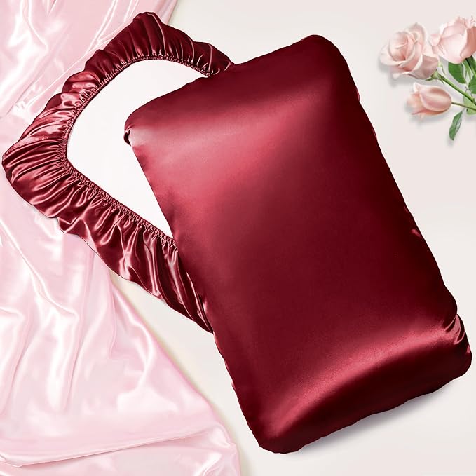 Manyshofu Satin Pillowcases for Hair Protection - 1Pcs Maroon Pillow Cases, Elastic Band Standard & Queen Satin Pillowcases Luxury Silky Pillow Cases Travel Pillow Covers