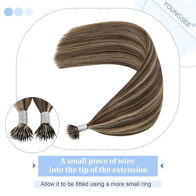 YoungSee Nano Beads Hair Extensions Human Hair Dark Brown with Caramel Blonde No Glue Nano Loop Hair Extensions Real Human Hair Pre Bonded Nano Hair Extension Highlight Brown 20in 50grams 50strands