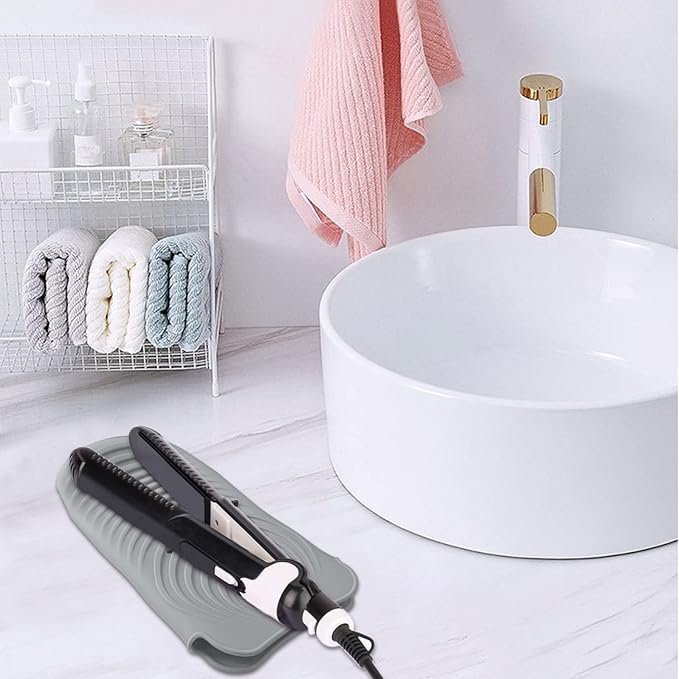 Heat Resistant Silicone Mat Pouch for Hair Styling Tools, Curling and Flat Irons Non-Slip Travel Cover, Small Portable Straightener Pad for Curler Wands Storage, Hot Waver (Grey)