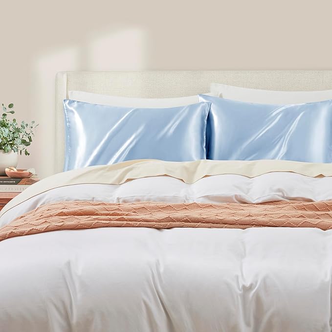 Light Blue Satin Pillowcase Queen Size Set of 2 for Hair and Skin, Light Blue Silk Pillowcase Breathable Pillowcase with Envelope Closure