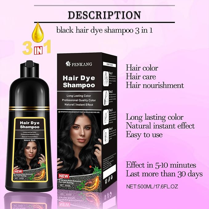 Black Hair Dye Shampoo Instant 3 in 1 for Gray Hair Coverage - Herbal Formula, Semi-Permanent Hair Color in 10 Minutes, Lasts 30 Days, 100% Grey Coverage Shampoo for Men & Women, 500ml (16.9 Fl Oz)