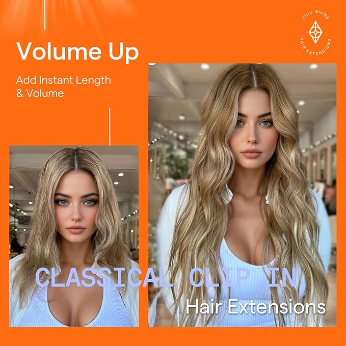 Full Shine Clip in Balayage Hair Extensions 24 Inch Human Hair Extensions Clip ins Seamless 7 Pcs 120 Grams Real Human Hair Clip in Extensions Natural Ends
