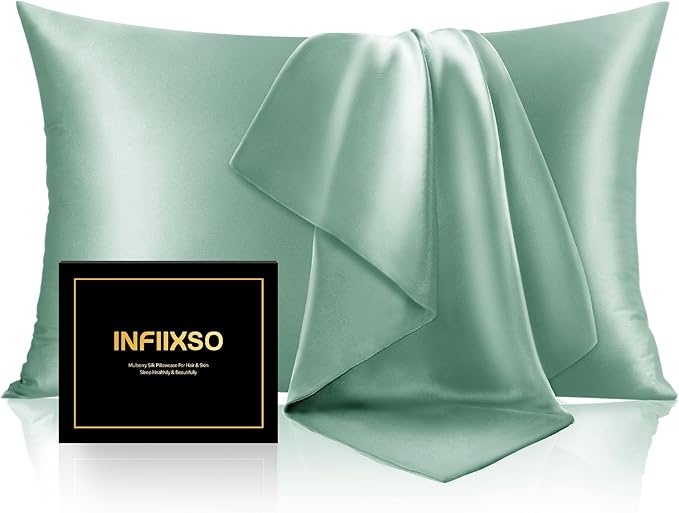INFIIXSO Silk Pillow Cases 2 Pack Standard Size, Ultra Smooth & Soft Mulberry Silk Pillow Case for Hair and Skin, Breathable Cooling Silk Pillowcase with Hidden Zipper (Mint Green, 20x26 Inches)