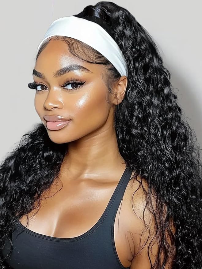 KLAIYI Headband Human Hair Wig Water Wave Curly Non Lace Front Wigs for Black Women Deep Wave Glueless Wear and Go Half Wig with Band 30S Ready to Wear Beginner Friendly 180% Natural Hairline 16Inch