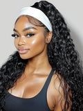 KLAIYI Headband Human Hair Wig Water Wave Curly Non Lace Front Wigs for Black Women Deep Wave Glueless Wear and Go Half Wig with Band 30S Ready to Wear Beginner Friendly 180% Natural Hairline 16Inch
