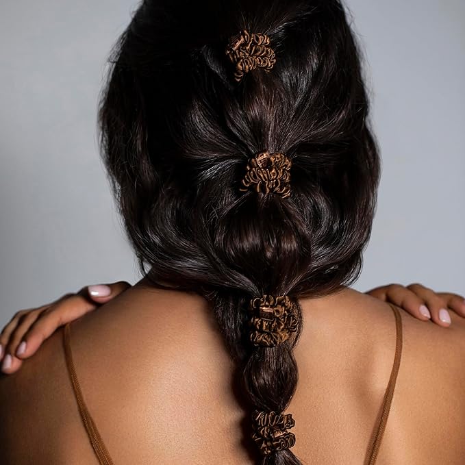 slip Silk Skinny Scrunchies - Dark Brown | Set of 4 Skinny Scrunchies | 100% Mulberry Silk, Anti-Crease, Gentle on Hair, Reduces Breakage | Stylish & Durable, Ideal for All Hair Types