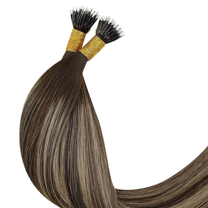 YoungSee Nano Ring Hair Extensions Brown Ombre Nano Extensions Human Hair Balayage Dark Brown with Caramel Blonde Nano-Bead Hair Extension Human Hair 14 Inch Nano-tip Remy Hair Extension 50G/S