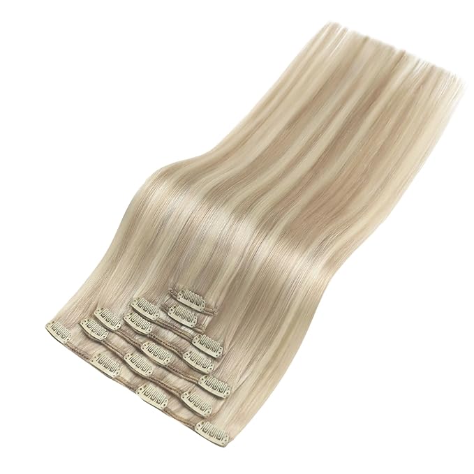 YoungSee Clip in Human Hair Extension Ash Blonde Clip in Hair Extensions Human Hair Warm Ash Blonde Highlights Bleach Blond Thick Hair Clip in Extensions 120G 22Inch 7Pcs