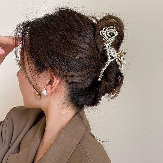 Rose Metal Flower Hair Clips, 1Pcs 4.52Inch Elegant Non-Slip Hair Accessory for Thin Thick Hair for Women & Girls (Gold Rose)