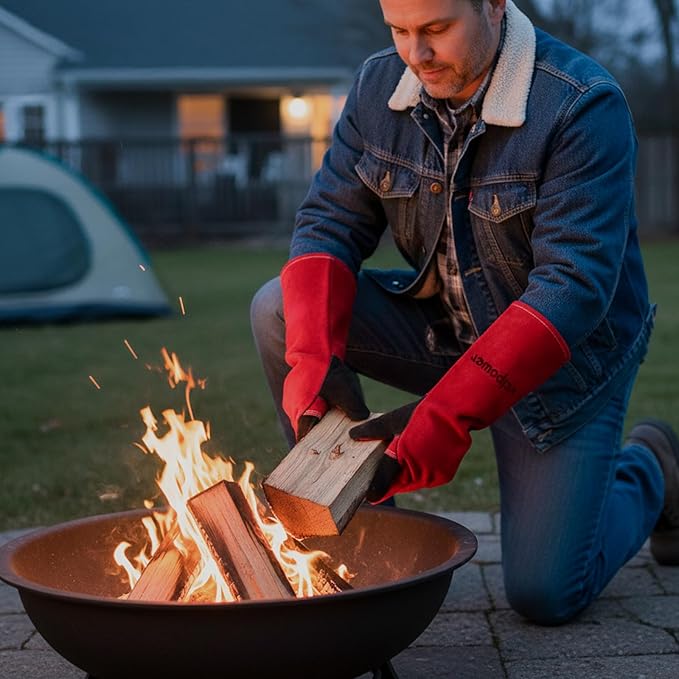 Fireplace Welding Gloves Fire Heat Resistant: 16IN 932°F Fireproof Leather for Fire Pit Wood Stove Campfire Furnace BBQ Baking,Grill Oven Stick Mig Tig Gear Gift for Man M