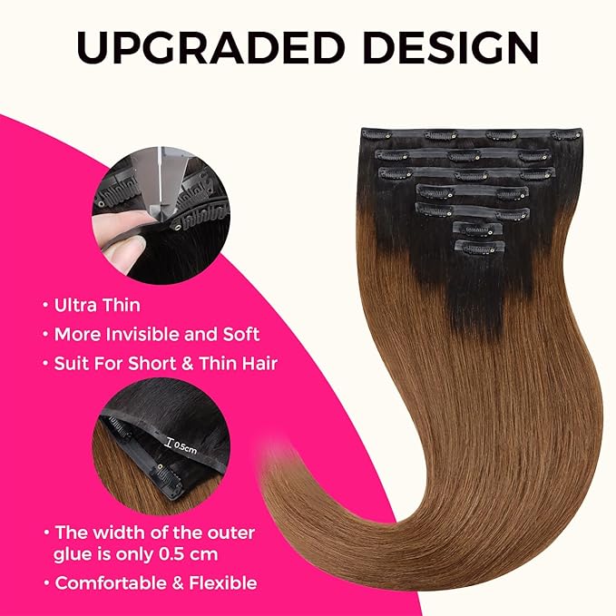 Lashey Light Yaki Straight Seamless Clip in Hair Extensions Human Hair 110g 7pcs Ombre Natural Black to Medium Auburn Hair Extensions Real Human Hair 20 Inch Long Human Hair Extensions for Women