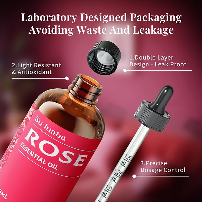 SU JUABA Rose Essential Oil 4 Fl Oz, 100% Pure Rose Oil for Face, Skin, Hair, Diffuser, Aromatherapy -118ml
