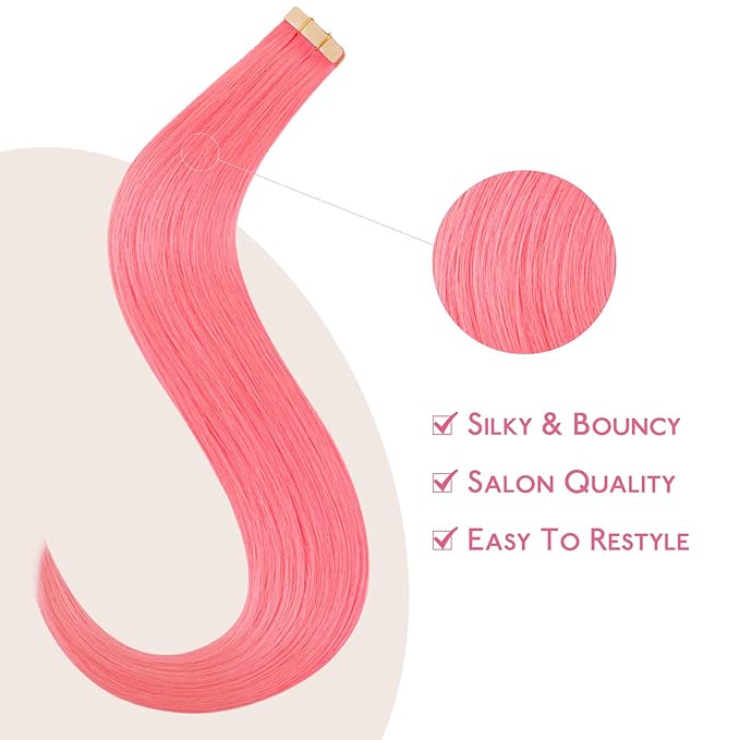 WENNALIFE Tape in Hair Extensions Human Hair Light Pink Tape in Extensions, 10pcs 20g 12 inch Remy Invisible Tape Ins Straight Colored Soft Real Human Hair Tape in Extensions Refill Set Extensions