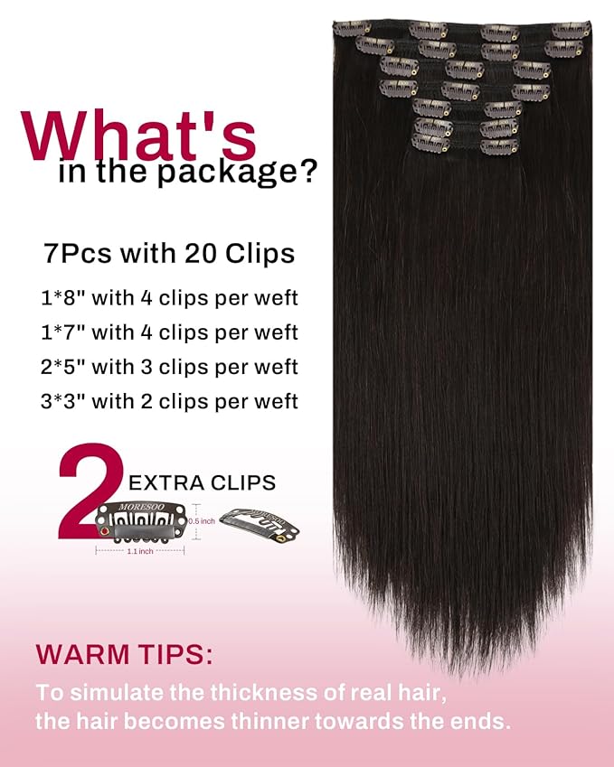 Moresoo Brown Clip in Hair Extensions Dark Brown Hair Extensions Clip ins Real Human Hair Thick 135g/7pcs Full Head 16 inch
