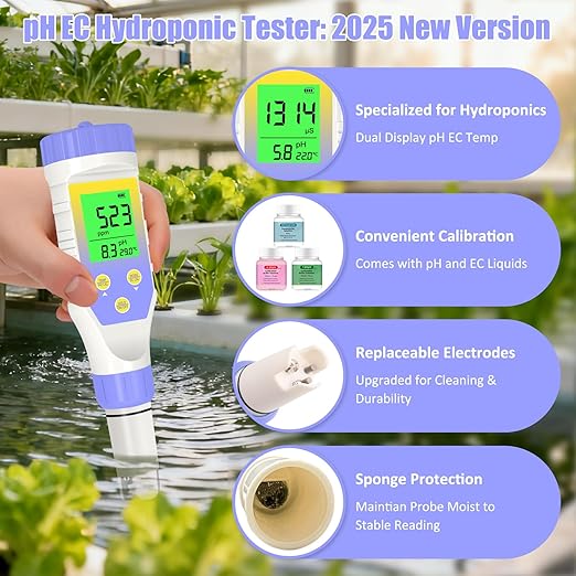 pH Meter for Water Hydroponics, 5-in-1 pH TDS EC Salt Tester for Water Nutrient Solution, Simultaneous Display of pH EC Temp for DWC Reservoir Tank, Aeroponic Garden, Growing System