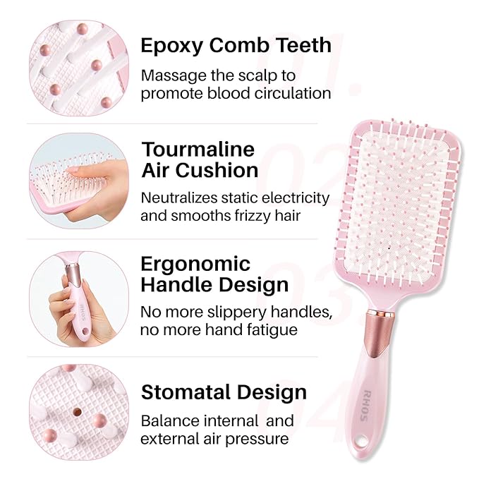 RHOS Paddle Brush for Women & Men - Detangler for Thick, Curly, Long, Wet & Dry Hair - Nylon Bristles Square Cushion Brush for Smoothing and Detangling (1 Pack - Pink)