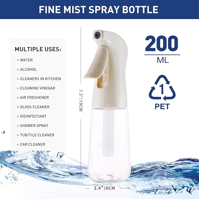 TANSHINE Continuous Spray Bottle for Hair,Ultra Fine Mist Water Hair Spray Bottles,Mister Spray Bottle,Refillable Plastic Sprayer for Hairstyling,Cleaning,Alcohol,Plants, Salons,6.8oz/200ml,Beige