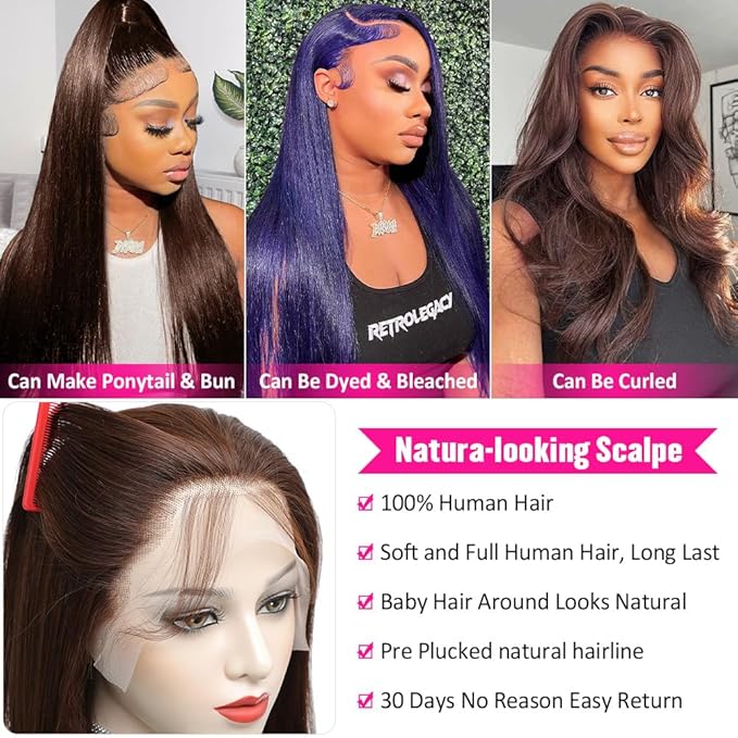 Hermosa 13x4 Brown Lace Front Wigs Human Hair 180 Density Hd Straight Lace Frontal Human Hair Wigs Pre Plucked Hairline 4# Brown Wig 24 Inch