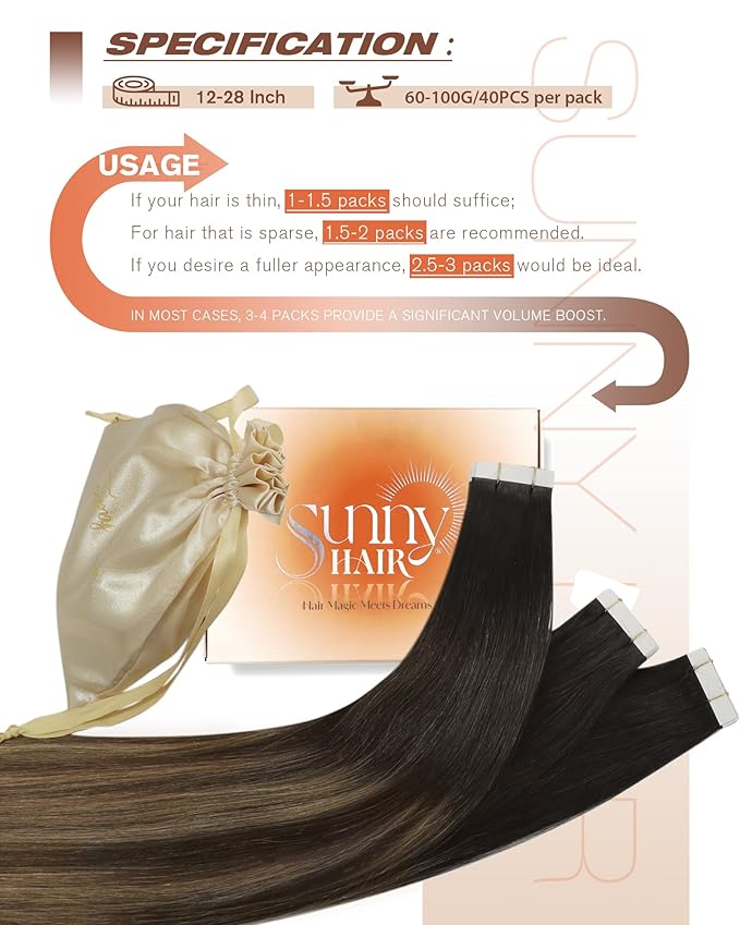 Sunny Hair Tape in Hair Extensions Human Hair, 14 Inch 40Pcs Remy Tape in Extensions Black Balayage Brown Ombre Ash Blonde Hair Extensions Tape in 100g