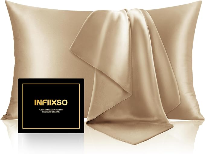 INFIIXSO Mulberry Silk Pillow Case King Size, Silk Pillowcase with Hidden Zipper 20"x36", Extraordinary Smooth and Soft Pillow Cases for Hair and Skin(Champagne, 1 Pack)