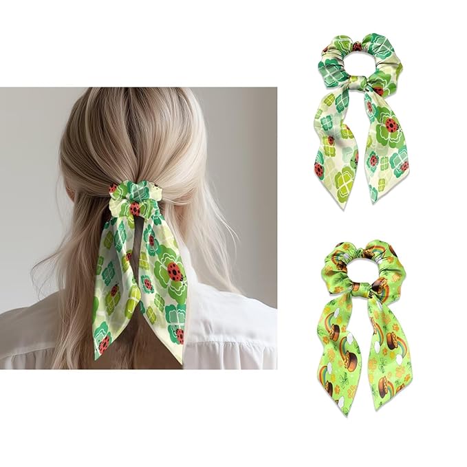 Ladybug Green Leaf Satin Hair Ties for Thin Hair Rainbow Pot of God Ribbon Hair Elastics for Girls 2 Piece St Patricks Day Scarf Scrunchies