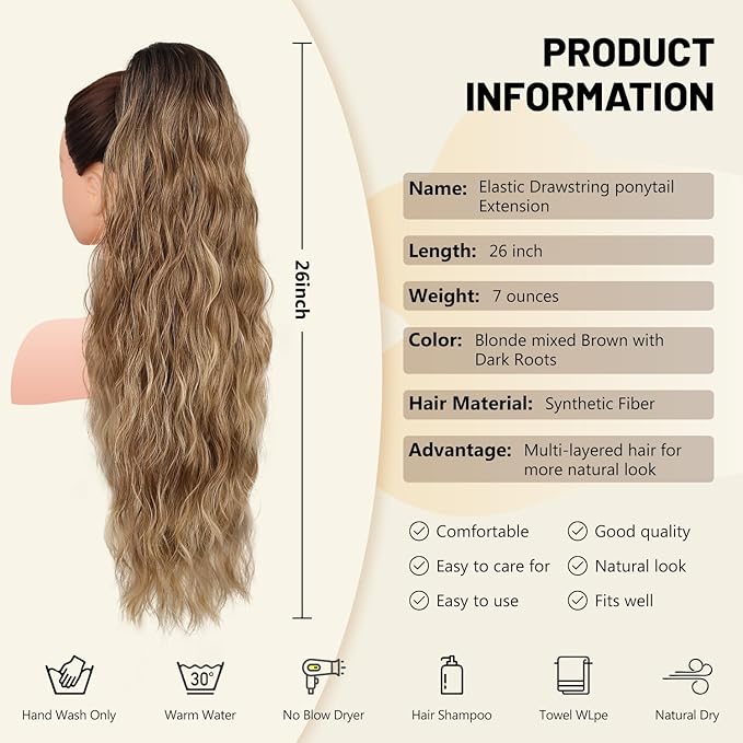 LEEONS 26 inch Drawstring ponytail Extension, Long Wavy pony tails hair extensions for Women - Synthetic Hairpiece Ponytail for Daily Use (Blonde mixed Brown with Dark Roots)