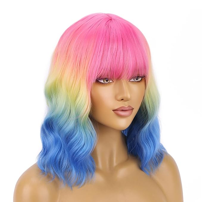 BERON 14 Inches Rainbow Wig Short Colorful Bob Wigs with Bangs Halloween Colored Wig for Women Loose Wavy Wigs for Women