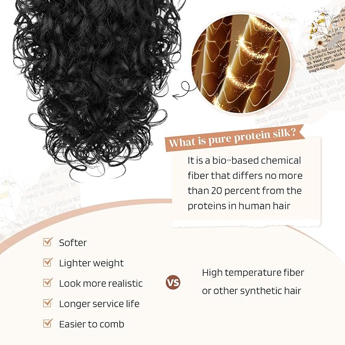 Flufymooz 100％ Pure Protein Ponytail Extension, 18 Inch Curly Claw Clip Ponytail Hair Extensions Natural Soft pony tail hairpiece for women-Natural Black