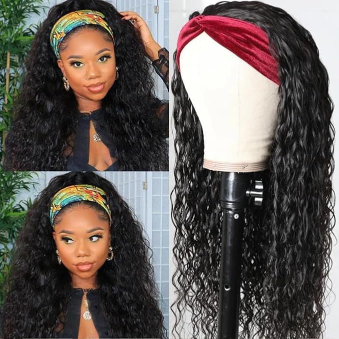 KLAIYI Headband Human Hair Wig Water Wave Curly Non Lace Front Wigs for Black Women Deep Wave Glueless Wear and Go Half Wig with Band 30S Ready to Wear Beginner Friendly 180% Natural Hairline 18Inch